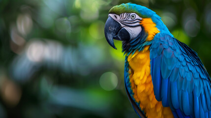 Fototapeta premium Vibrant close-up of a blue and yellow macaw parrot against a blurred green background. Generative AI
