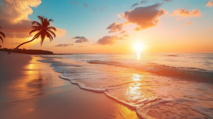 Beautiful sunrise or sunset over the tropical beach. AI generated image