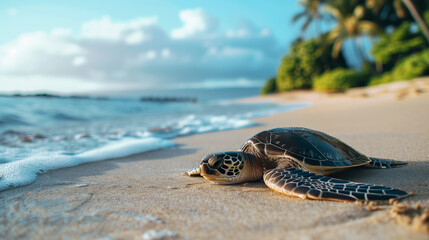 Tropical beach setting with a green sea turtle resting on sandy shore. Generative AI