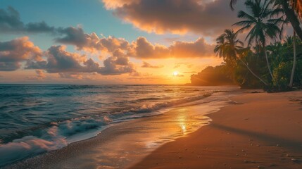 Beautiful sunrise or sunset over the tropical beach. AI generated image