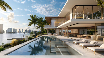 A modern villa with a private rooftop infinity pool overlooking the Miami skyline in Florida, perfect for a luxurious urban getaway. - obrazy, fototapety, plakaty