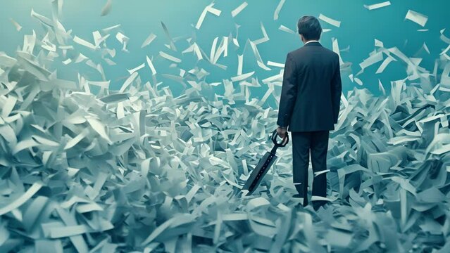 A man is standing in a pile of paper, holding a pair of scissors. Concept of chaos and disorganization, as the man is surrounded by a large amount of paper