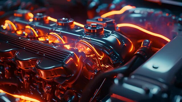 A close up of a car engine with glowing orange wires. The engine is lit up and he is a futuristic design