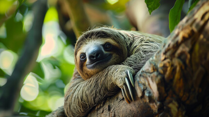 Fototapeta premium Close-up portrait of a smiling sloth clinging to a tree in a lush forest. Generative AI