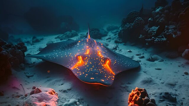 A stingray with glowing eyes is swimming in the ocean. The image has a serene and peaceful mood, as the stingray glides through the water
