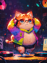 Colorful digital art illustration of a funky dancing cat DJ with headphones.