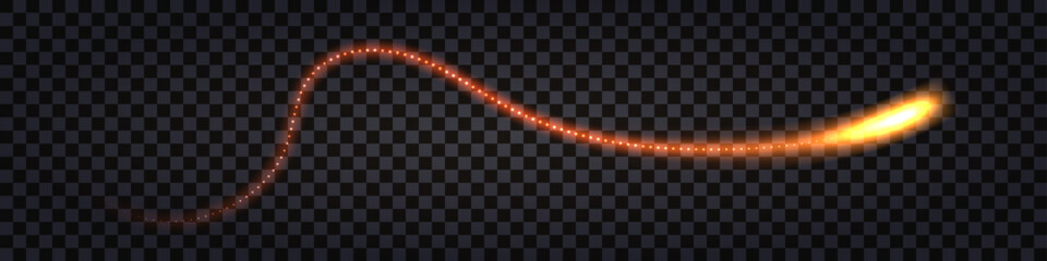 Glowing light wave swirl, fiery orange and yellow trail, neon glow effect. Lightning thunder bolt; dynamic impulse; electric shock; flash explosion. Isolated transparent vector illustration