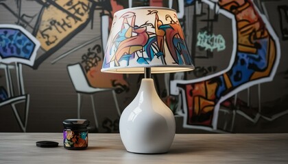 White Table Lamp Painted with Graffiti