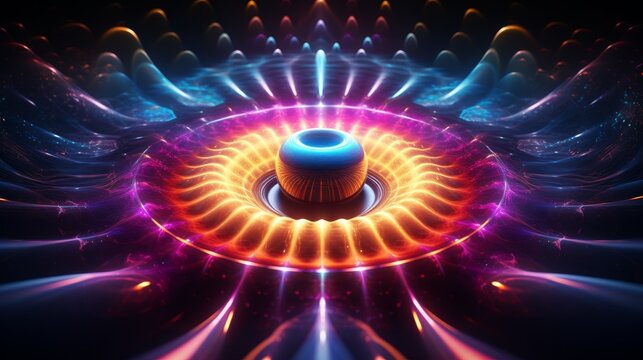 Abstract hyper-realistic depiction of sound energy, cymatics close-up, soft glow, high angle, spectrum of bright colors, Psychedelic funk art style