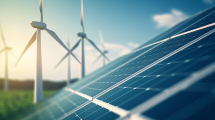 A Solar Farm With Wind Turbines in the Background. Generative AI.