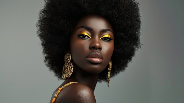 Black woman, cosmetics, beauty, eyes closed, contemplating or fashion inspiration. African model with afro hair care and distinctive gold designer jewelry or cosmetics on gray mockup - Powered by Adobe