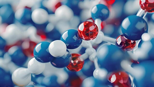 A close up of a bunch of small blue and white spheres with red dots in the middle. The spheres are arranged in a way that they look like they are connected to each other