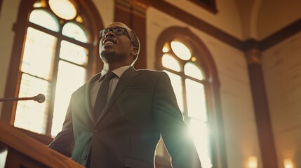 Prayer, Christian preaching with black man in church for spirituality, holy spirit. Prayer, ai generated, pastor connection, faith, mindfulness, and Christianity
