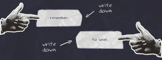 Trendy Collage Illustration with female halftone hands and torn notebook paper elements. Vintage vector concept of writing down notes that necessary to remember. Wrinkled paper effect. 
