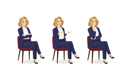 Obraz premium Elegant beautiful business woman in suit sitting in the chair half turn view different gestures set isolated vector illustration