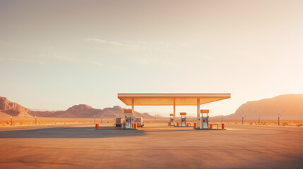 A Gas Station in the Middle of a Desert. Generative AI.