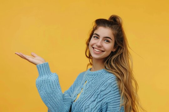 Portrait of a woman surprised, happy, and enthusiastic on a yellow studio background. Face, woman, or model with shock, wow, omg, mockup space, emoji, and smiling with gesture or bargain