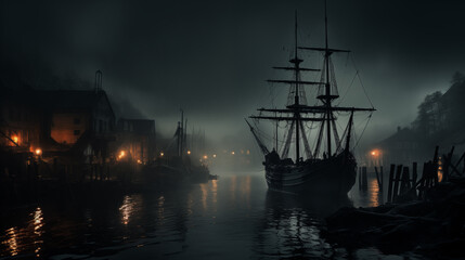 Old ship sailing in port