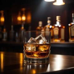 Glass of whiskey with ice on black background with reflection. Close up view. Selective focus on ice