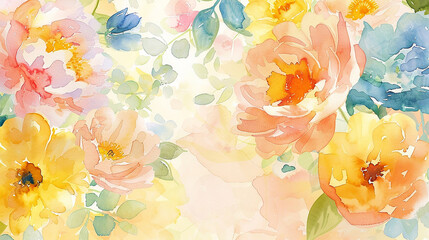 Watercolor painting,Flower Colors of July A bright mix of , pinks, yellows, light blues, pastels   With light green leaves.