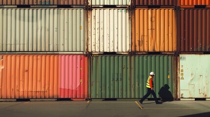 Logistics worker in shipyard port and walking near freight containers. International delivery, inventory management, and commercial commodities transport constitute a distribution supply chain.