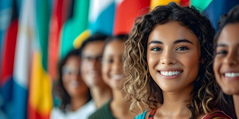 Diverse group of women smiling at an international conference or event focused on global education and cultural exchange