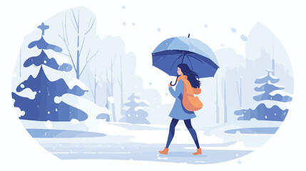 Person walking under umbrella in snowfall in cold w