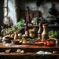 Rustic Farmhouse Kitchen Display of Traditional Cooking Ingredients and Utensils