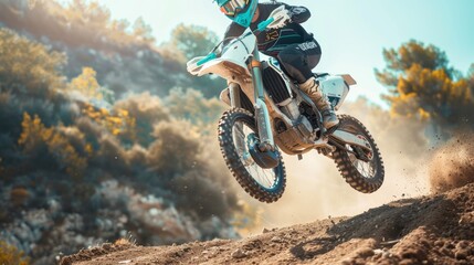 Motorcycle, dirt track stunt, and air leap in desert, sand trail, freedom. Speed action show with...