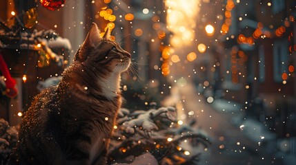 the adorable sight of a cute cat frolicking amidst the festive charm of London's Christmas streets,...