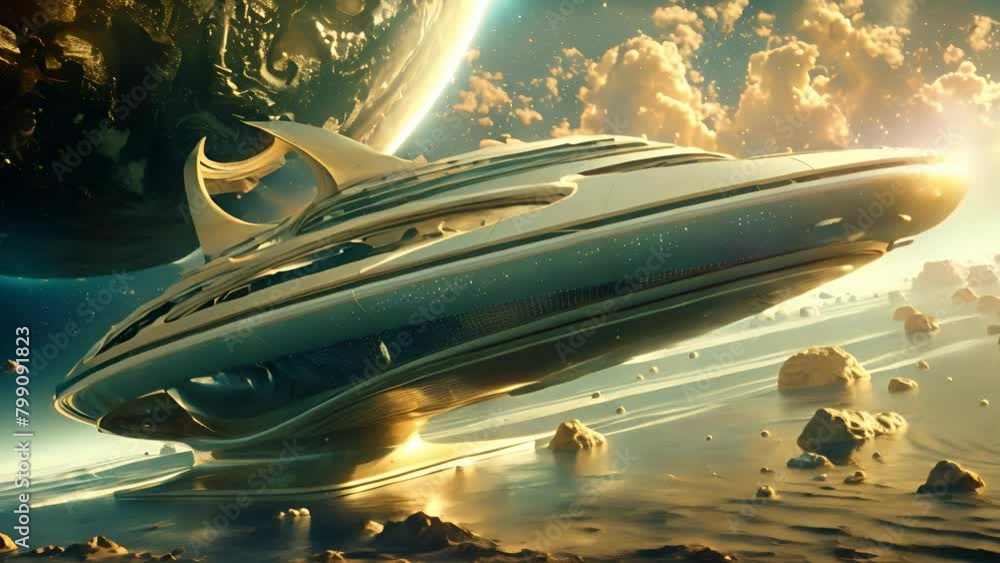 Aufkleber a spaceship is floating in space with a planet in the background. the ship is surrounded by a lot of