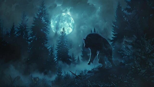 A large wolf is walking through a forest at night. The moon is shining brightly in the sky, casting an eerie glow on the scene. Scene is dark and mysterious