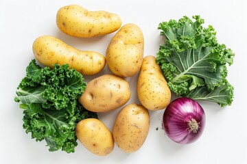 Creative layout made of potatoes, onion and kale. Flat lay. Food concept.