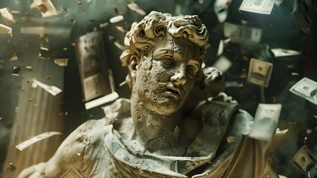 Cracked statue surrounded by swirling banknotes, symbolizing the transient and fragile nature of material wealth and prosperity