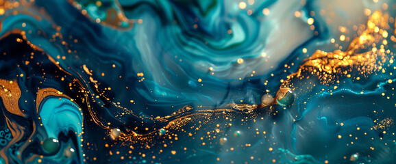 Turquoise and gold merge seamlessly, creating a breathtaking symphony of liquid colors that evoke a sense of serene wonder in HD brilliance. - obrazy, fototapety, plakaty