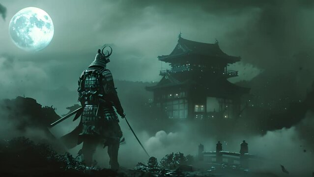 A man in a samurai costume is standing in front of a building with a full moon in the background