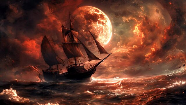 A large ghost ship sails in the ocean with a large red moon in the background. Scene is dark and mysterious