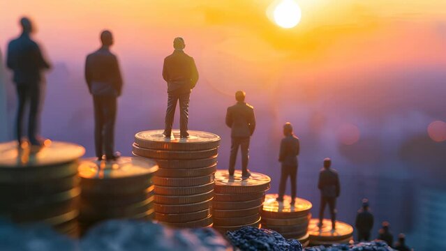Miniature figures on stacks of coins, representing investors gazing towards a future shaped by digital currency investment.