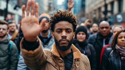 Protest, hand, and stop with a black man for human rights and equality. Justice, freedom, and politics with a masculine activist fighting racism, brutality, and discrimination.