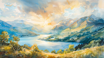 Obraz premium A peaceful watercolor landscape depicting rolling hills bathed in golden sunlight