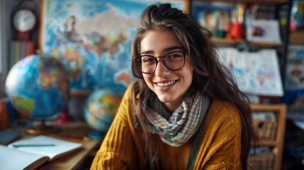 Obraz premium A smiling young female sits in a room against the backdrop of a world map and globe. Teenage student. The process of learning and education. Studying Geography
