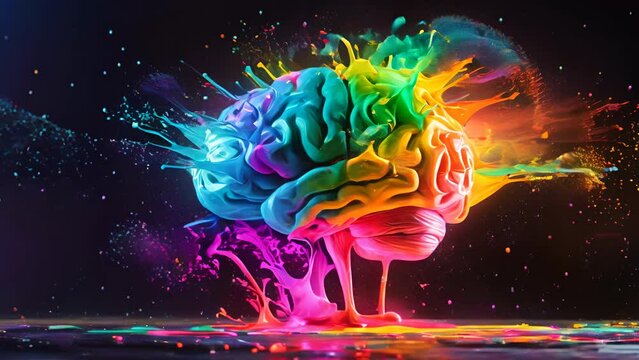 A brain model bursts with vibrant, splashing colors, symbolizing a creative explosion of ideas.