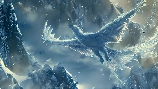 Ice phoenix reborn from a glacier, soaring with shimmering frost wings through a blizzard in a mystical winter wonderland.