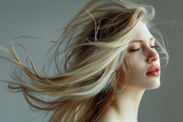 Female portrait with wind-blown hair on studio background for cosmetic growth, keratin treatment, or shine. Female model with blonde hair, curling waves, and breezy texture.