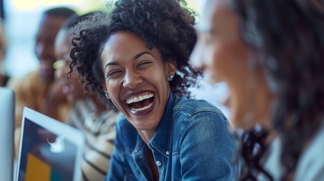 In the office, happy, smiling businesspeople browse humorous movies on a laptop and bond during a break. Web browsing by diverse, youthful corporate employees