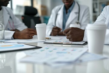 Team of doctors consulting with paperwork of graphs, data and charts in hospital conference room. In clinic, personnel discuss health statistics, findings, and surgery strategy.