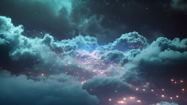Futuristic cloud computing network with vibrant data flow and digital connectivity, symbolizing advanced technology.