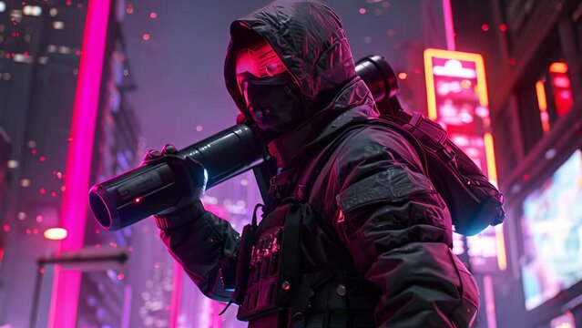 Futuristic soldier equipped with tactical gear and a bazooka, patrolling the neon-lit streets of a cyberpunk cityscape