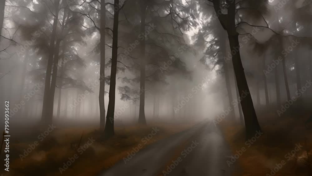 Poster misty forest with trees and path generative ai