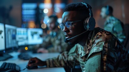 Tech and communication at desk, military control room computer and headset man from back. Security, global surveillance, and army officer in government cyber intelligence command center.